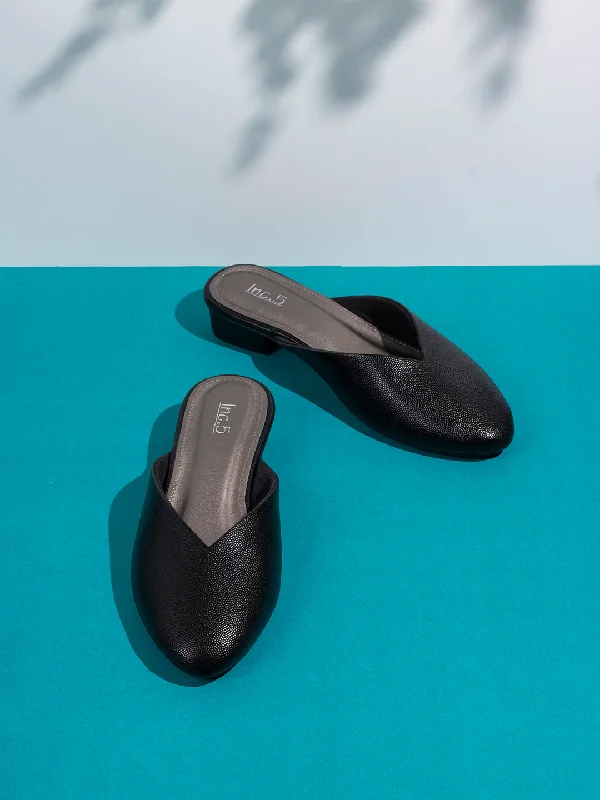 Classic Flat Shoes Womens Black Solid Pointed Toe Casual Block Heel Mule Sandals