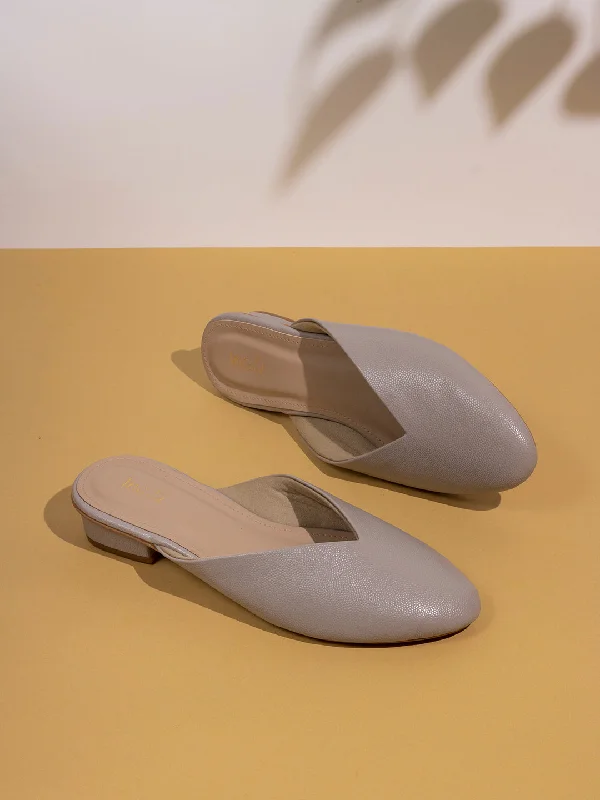 Comfortable Loafers For Men Womens Grey Solid Pointed Toe Casual Block Heel Mule Sandals