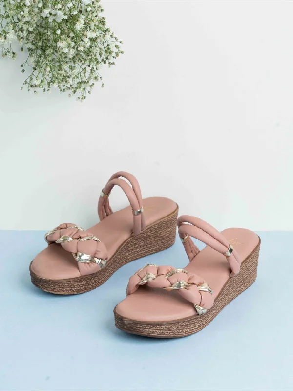 Classic Flat Shoes Womens Peach Party Wear Solid Round Toe Wedges Heel Sandals