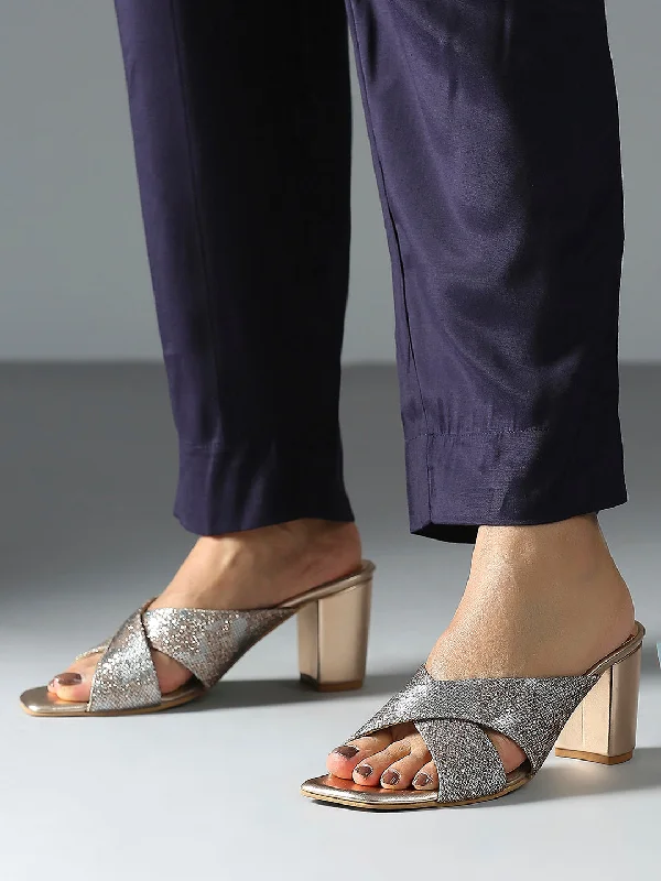 Stylish High Heels Womens Rose Gold Party Wear Printed Open toe Block Heel Mules
