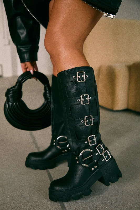 Alix Knee High Buckle Combat Boots - Black