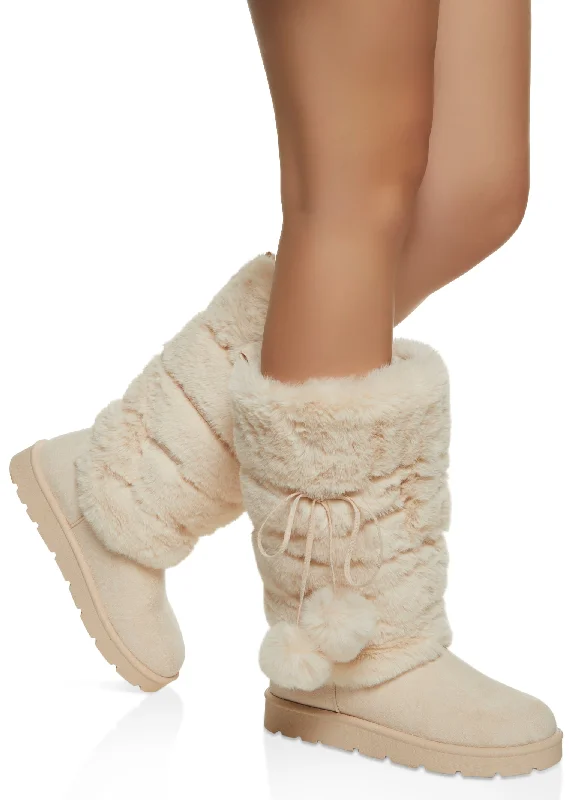 Sporty Casual Sneakers Solid Faux Fur Pom Pom Tall Boots