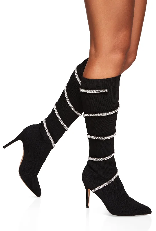 Casual Walking Boots Pointed Toe Rhinestone Wrap Around Sock Boots