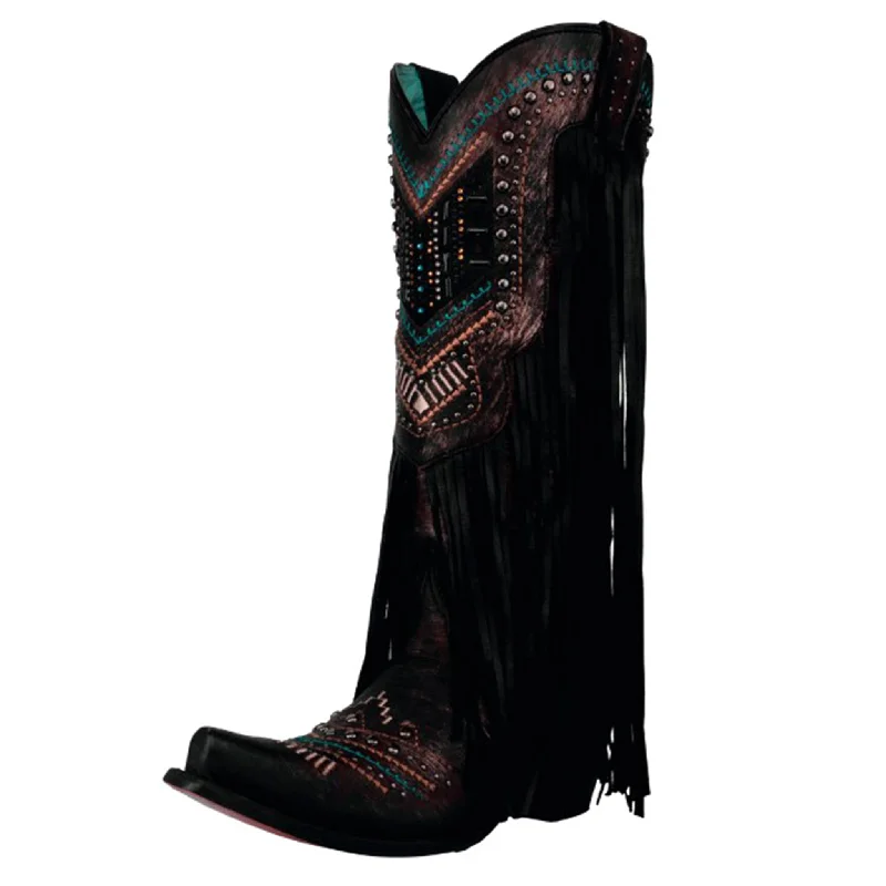 Comfortable Boots For Hiking Corral Women's Black Embroidery Crystal Fringe Boots