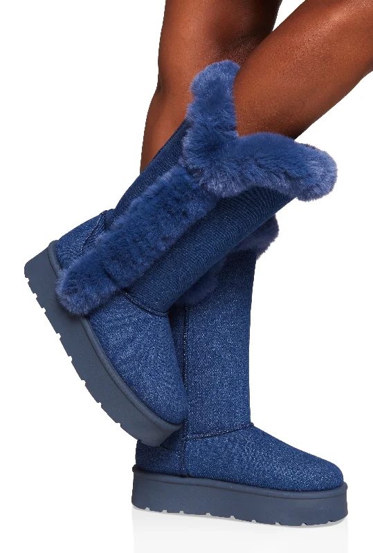 Slip-On Shoes For Men Faux Fur Lined Platform Tall Boots