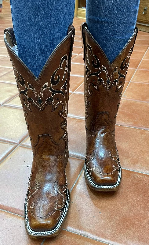 Brown & Black Embroidered  Square Toe Women's Boots