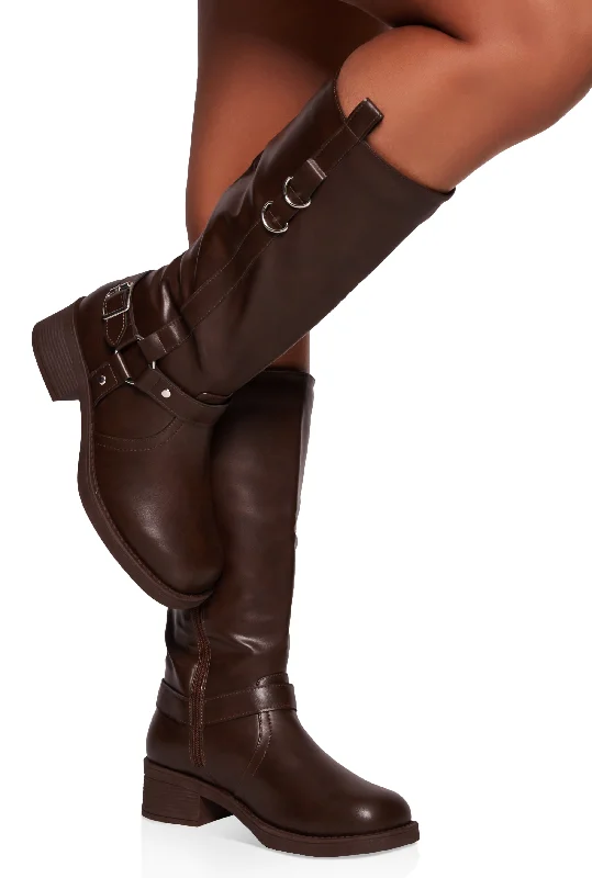 Durable Work Boots Faux Leather Buckle Detail Moto Boots