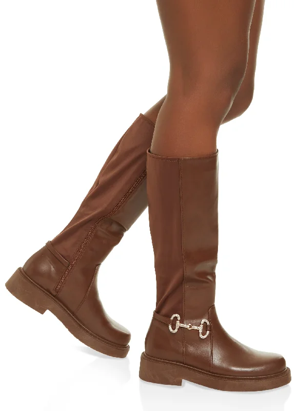 Comfortable Platform Boots Rhinestone Horsebit Zip Tall Boots