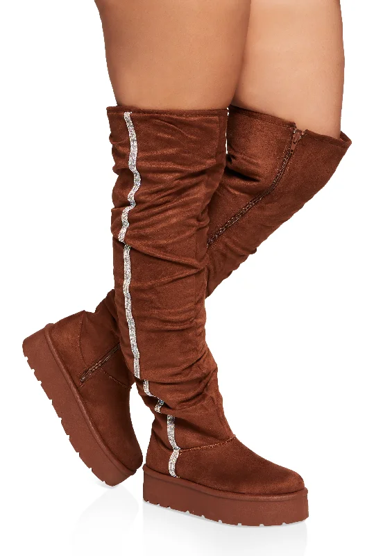 Casual Flip Flops Rhinestone Trim Slouch Over the Knee Boots