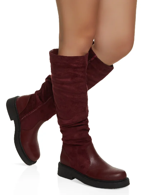 Best Work Boots Faux Leather Round Toe Ruched Tall Boots