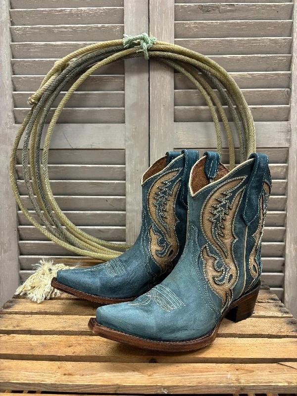Comfortable Casual Sandals Circle G Women's Distressed Blue & Tan Inlay Cowgirl Ankle Boots L6089