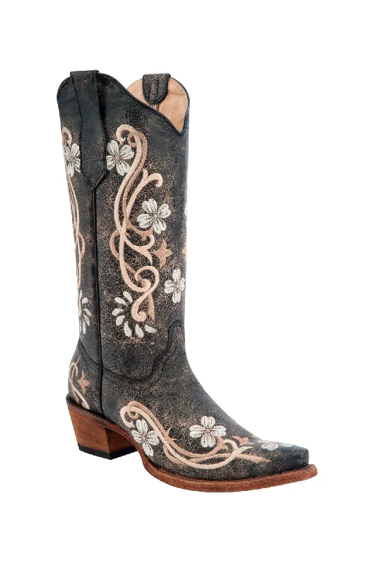 Durable Snow Boots Circle G Ladies Embroidery Black Cowhide Leather Cowgirl Boots