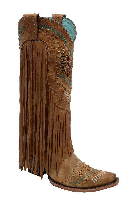 Elegant Casual Footwear Corral Boots Womens Leather Crystal Fringe Tan Cowgirl