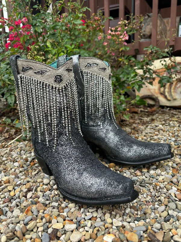 Designer Hiking Boots Corral Women's Black & Silver Overlay Crystal Fringe Snip Toe Ankle Cowgirl Boots Z5252