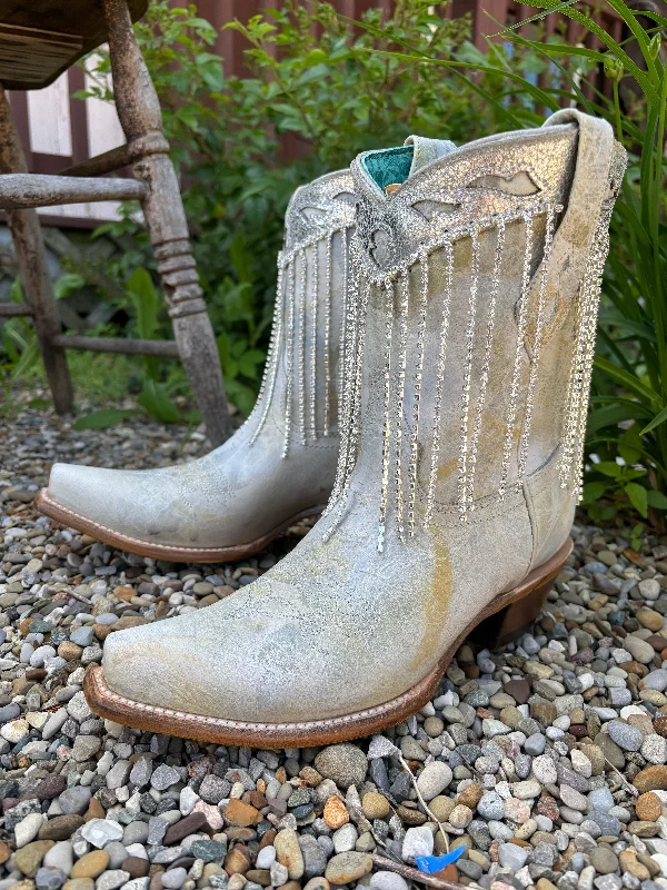 Leather Sneakers For Sale Corral Women's White & Silver Overlay Crystal Fringe Snip Toe Ankle Cowgirl Boots Z5250