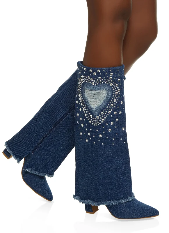Designer Sneakers For Sale Denim Rhinestone Heart Fold Over Tall Boots