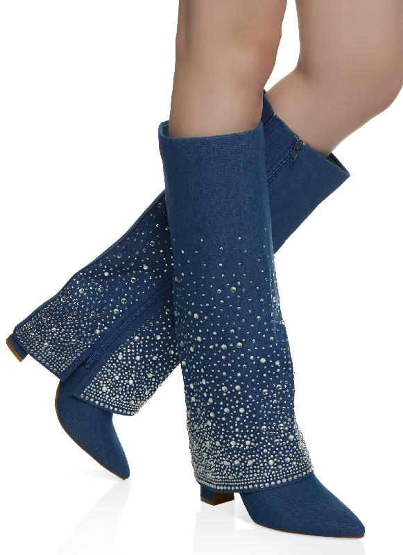 Comfortable Loafers For Women Rhinestone Studded Fold Over Tall Boots