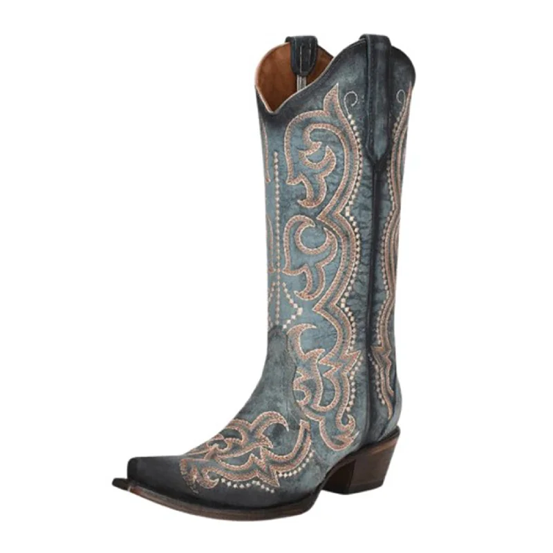 High Fashion Work Boots Corral Women's Distressed Blue Embroidered Snip Toe