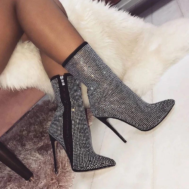 Best Walking Shoes Glitter Rhinestone Pointed Toe Suede Stiletto Ankle Boots - Black Best Walking Shoes Glitter Rhinestone Pointed Toe Suede Stiletto Ankle Boots - Black