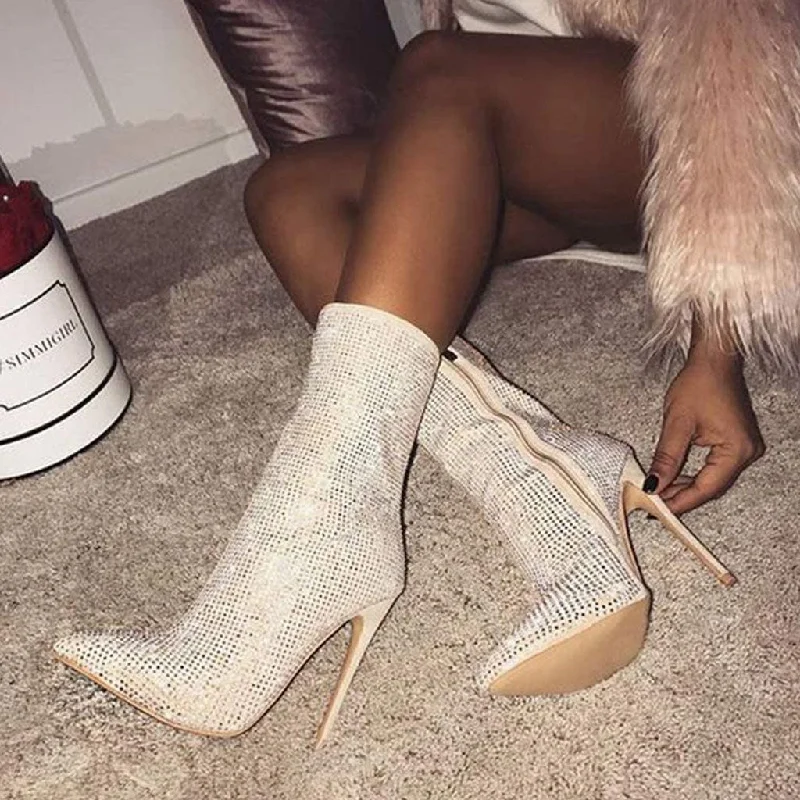 Waterproof Snow Boots Glitter Rhinestone Pointed Toe Suede Stiletto Ankle Boots - White