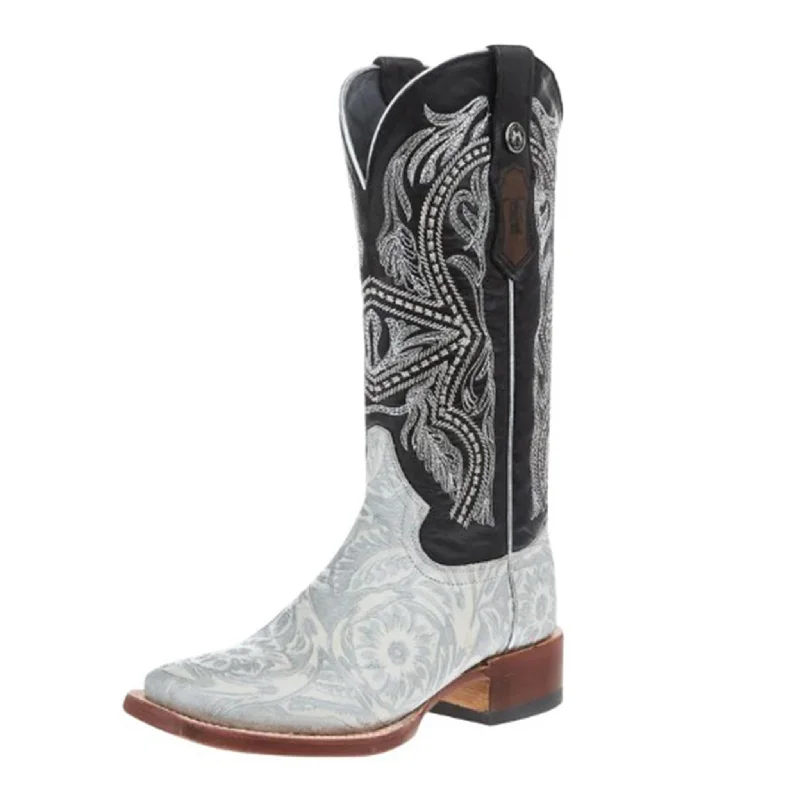 Trendy Boots Online Tanner Mark Women's Hand Tooled White Silver & Black Boots