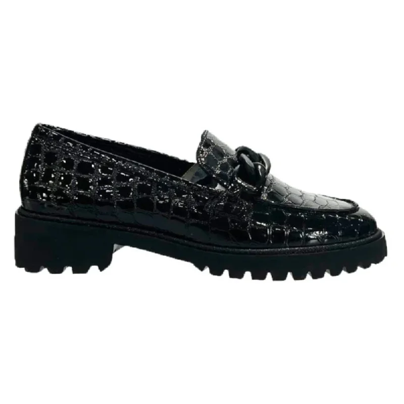Stylish Boots For Work Ara Women's Kiana Chunky Sole Chain Loafer Black Croco Print Patent