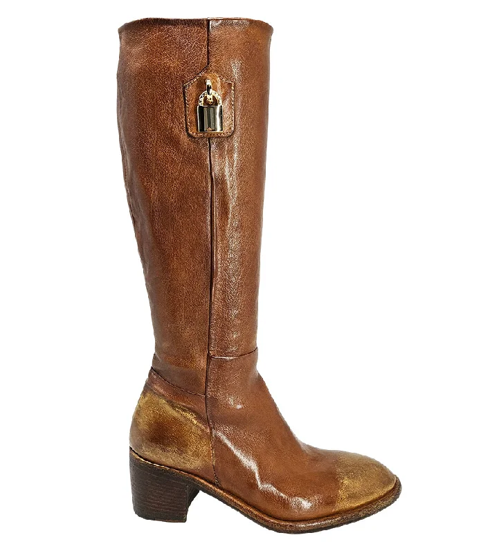 Tall Cognac Hand Rubbed Lock Boot