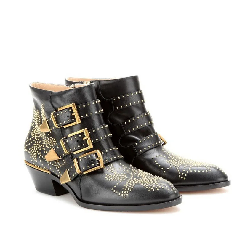 Formal Leather Shoes Metallic Studded Buckle Strappy Pointed Toe Ankle Boots - Black Formal Leather Shoes Metallic Studded Buckle Strappy Pointed Toe Ankle Boots - Black
