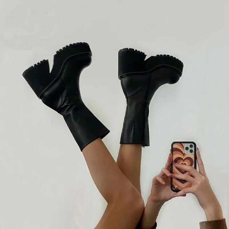 Formal Wedding Shoes Punky Round Toe Mid Calf Platform Geometric Heeled Boots - Black