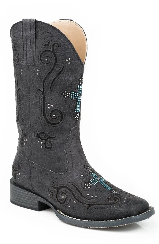 Comfortable Winter Sandals Roper Boots Ladies Black Faux Leather Crystal Cross Faith Cowboy Comfortable Winter Sandals Roper Boots Ladies Black Faux Leather Crystal Cross Faith Cowboy