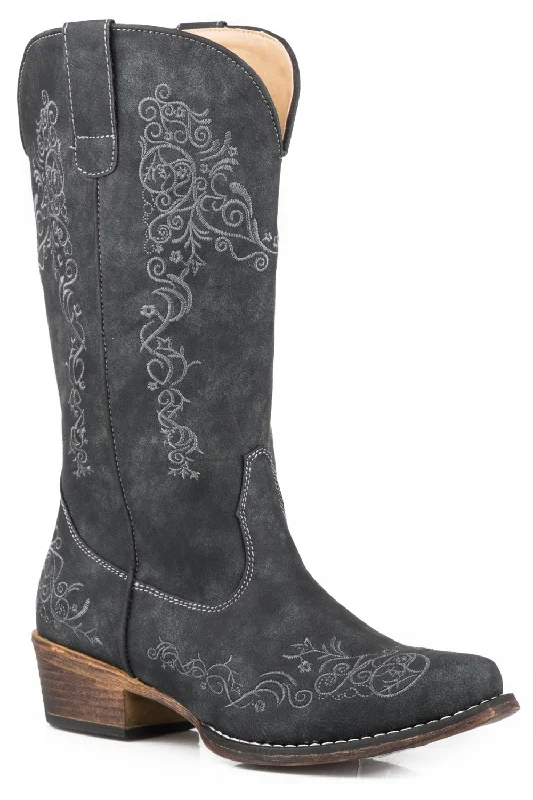 Best Walking Shoes Roper Womens Black Faux Leather Riley Scroll 12In Cowboy Boots
