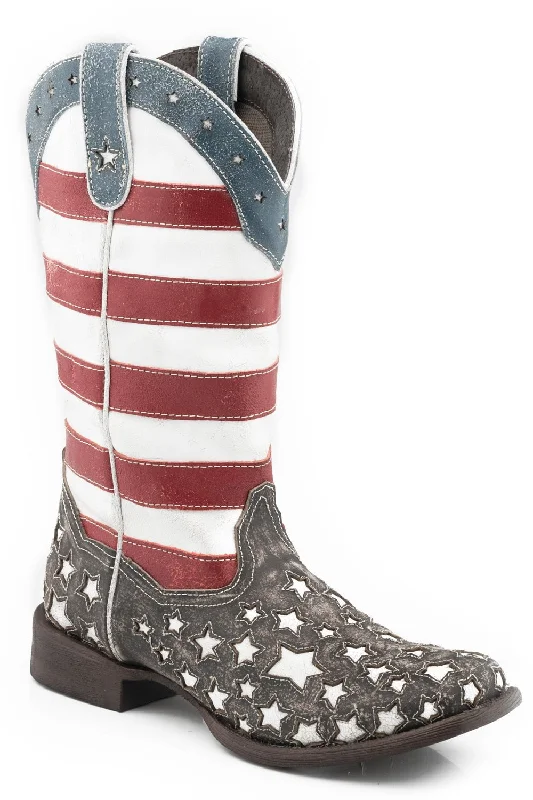 Fashionable Work Boots Roper Womens Brown Multi Leather American Star Flag Cowboy Boots Fashionable Work Boots Roper Womens Brown Multi Leather American Star Flag Cowboy Boots