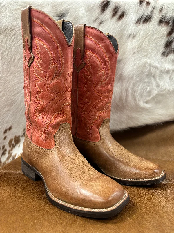 Durable Work Boots Roper Women's Lindsey Red & Tan Broad Square Toe Cowgirl Boots 0910-3528