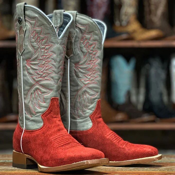 Casual Walking Boots Tanner Mark Ladies Ruff Out Red and Grey Square Toe Western Boot