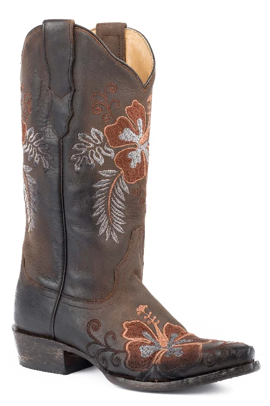 Leather Casual Shoes Stetson Womens Brown Leather Aloha 13In Flower Cowboy Boots
