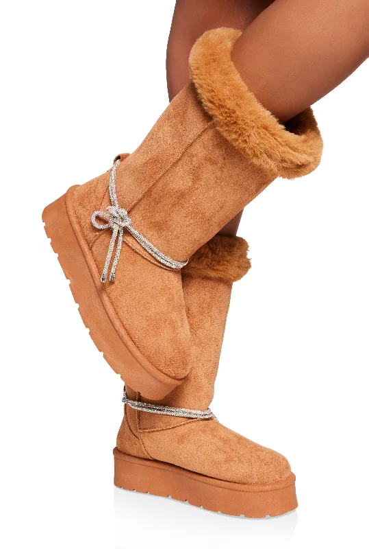 Classic Flat Shoes Rhinestone Rope Detail Faux Fur Tall Boots