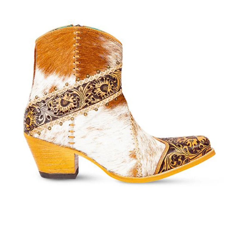 Waterproof Hiking Boots Myra Bags Women's Tan and White Hair-on Hide Tooled Boots
