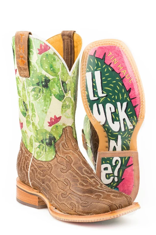 Casual Winter Shoes Tin Haul Womens Tan/Green Leather Cacstitch Cowboy Boots