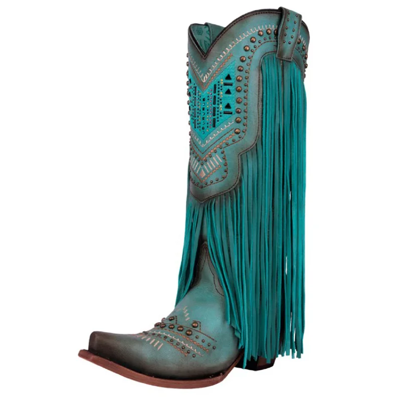 Luxury Sandals For Sale Corral Women's Turquoise Crystal/Studs Fringe Boots